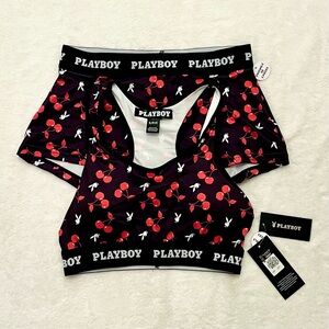 Playboy Bralette & Boyshort Set | Cherry Print | Logo Elastic | Size S - NWT